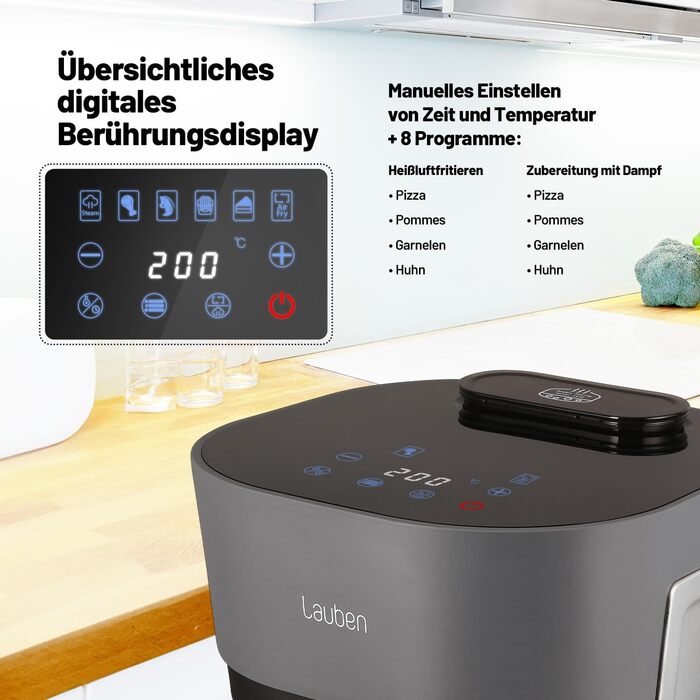 Аерофритюрниця Lauben Glass&Steam 4500BG з пароваркою, скляний кошик, 8 програм, ручне регулювання часу і температури, об'єм 4,5 л, мийка в посудомийній машині