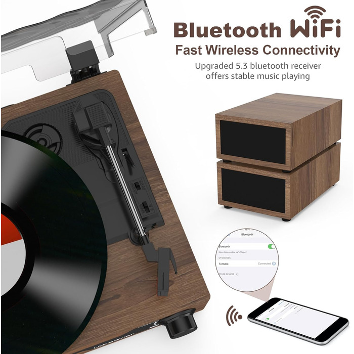 Вініловий програвач Udreamer з Bluetooth 5.3 та динаміками: вінтажний програвач, AUX, RCA, USB, бездротовий зв'язок