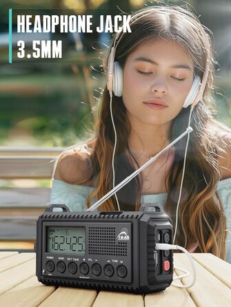 Радіо на сонячній батареї та з ручним генератором | Powerbank 12000mAh, AM/FM/SW, SOS, USB-C, IPX4, ліхтарик, для кемпінгу та відпочинку на природі (чорний)