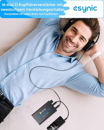 eSynic Підсилювач для навушників HiFi – портативний, з акумулятором 1000mAh, для MP3/MP4/Smartphone/PC, 16-600 Ом, 3.5mm AUX, алюмінієвий корпус