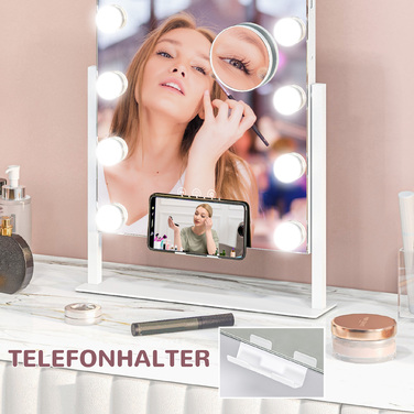 Дзеркало HOMCOM Hollywood з підсвіткою, 12 LED, 37 x 46 см, 3 кольори світла, 10x збільшення, 360° поворот, USB-порт для зарядки, Білий | Aosom