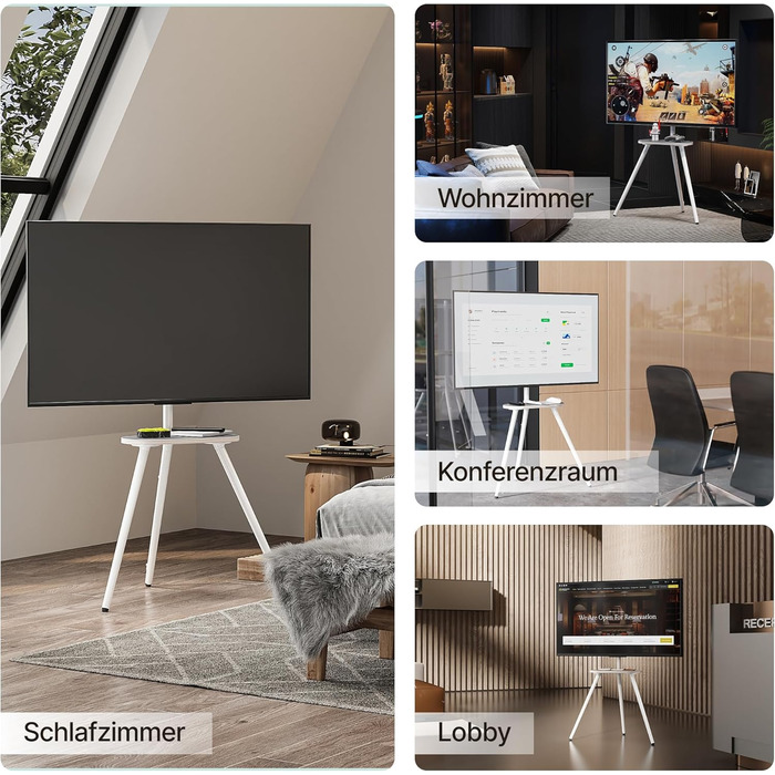 Стійка для телевізора 43-65 дюймів LCD LED OLED до 35 кг, регульована по висоті, поворотна, дерев'яна підставка з полицею, VESA 400x400 мм, біла