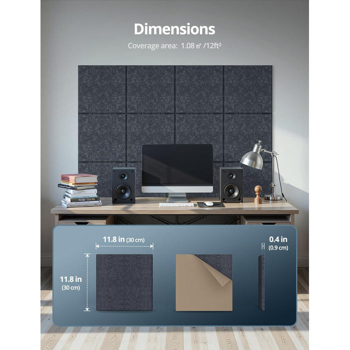 Самоклеючі акустичні панелі з фетру для звукоізоляції стін, стелі та дверей, 12 шт (30x30x0.9 см), 1.08㎡, темно-сірі — шумопоглинаючі плити для студії, вітальні та офісу
