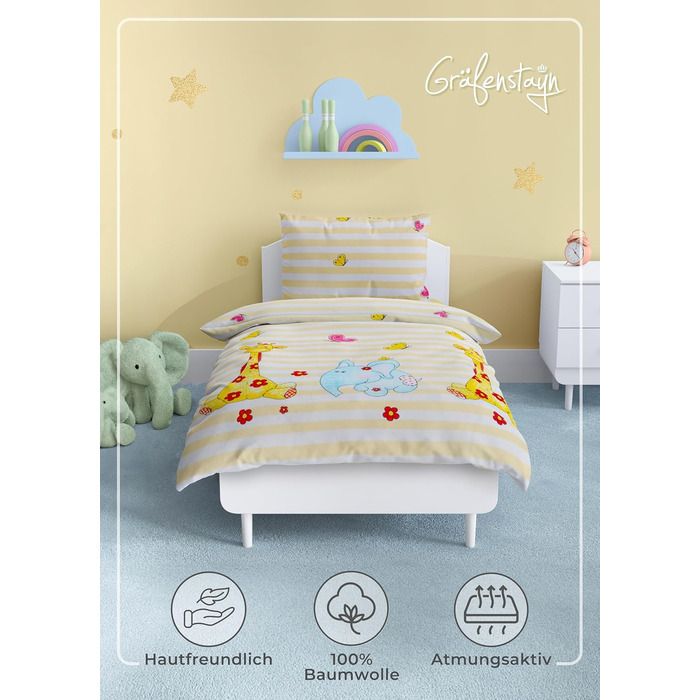Комплект постільної білизни для дітей Gräfenstayn® з принтом тварин (жирафа та слон) - 100% бавовна (ренфорс) - ковдра 135x100 см, подушка 135x100 см