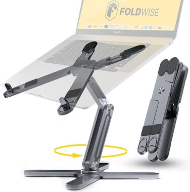 FoldWise X Laptop Stand for Desk – Aluminum, 360° Swivel, Foldable, Height & Angle Adjustable – Stable & Portable Laptop Riser, MacBook Stand & Computer Holder for 11-18 Inch