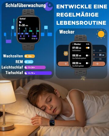 Смарт-годинник BIGGERFIVE для дітей з/без додатку, 1.8' фітнес-годинник, крокомір, пульсометр 24/7, будильник, водонепроникність 30м, монітор сну, пазли-ігри, 100+ циферблати для дівчаток, хлопчиків, підлітків 5–16, чорний