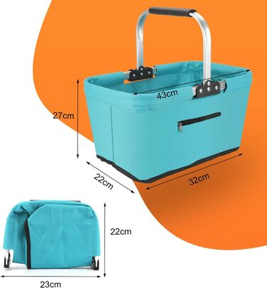 Складаний кошик для покупок 25L з м'якими ручками та кишенею на блискавці, блакитний