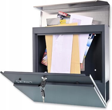 Поштова скринька Verda Anthracite з газетницею, порошкове покриття AkzoNobel, 2 ключі, табличка з ім'ям, дизайнерська настінна поштова скринька з нержавіючої сталі