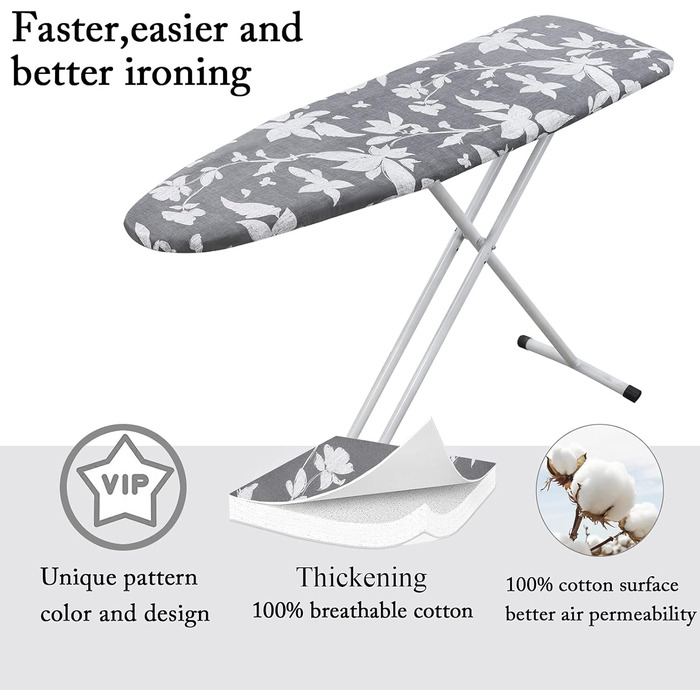Чохол для гладильної дошки, 140 x 50 см, великий, з бавовняним покриттям, посилений, антибац. сірий квітковий, XXL