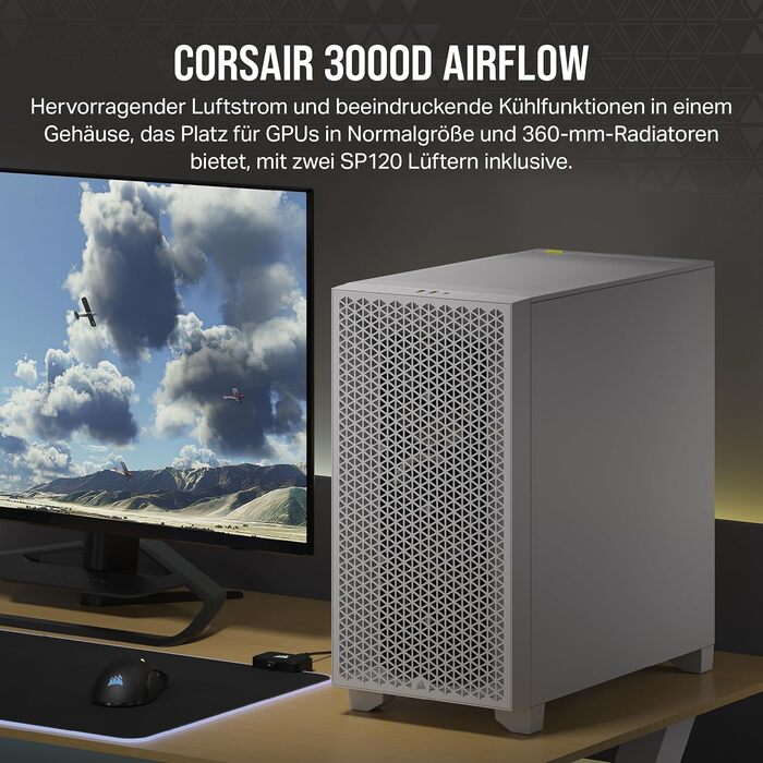 Комп'ютерний корпус CORSAIR 3000D AIRFLOW з 2 вентиляторами SP120 Elite, підтримка 2x GPU, до 8 вентиляторів 120mm, висока продуктивність
