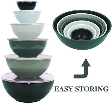 Набір мисок для перемішування BoxedHome з кришками, 12 шт. (6 мисок та 6 кришок), зелений омбре, пластик, для кухні