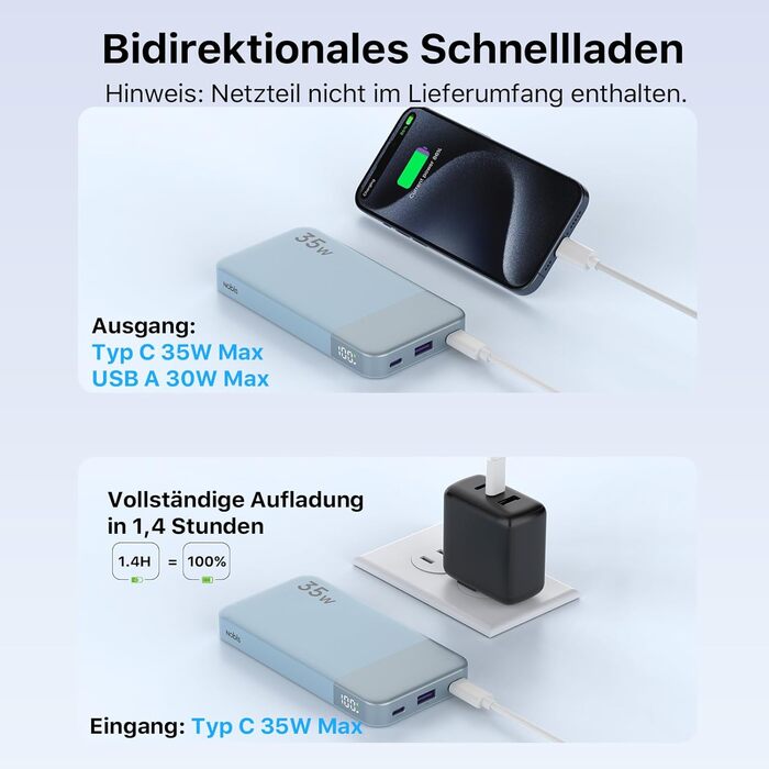 Power Bank NOBIS 35W 10000 mAh з двома USB-C та USB-A, цифровим дисплеєм (Блакитний)