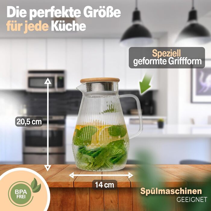 Water Carafe I 1.5 Liter I Reinforced Glass Thickness I Carafe Suitable for Hot & Cold Drinks I Drip-Free Spout I Modern Glass Carafe I Glass Teapot I Robust Glass Carafe with Lid