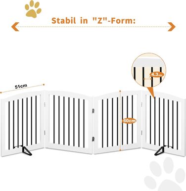 Захисне ґратка для собак у квартиру без свердління, металева, дерев'яна, розкладна, біла, 4 панелі