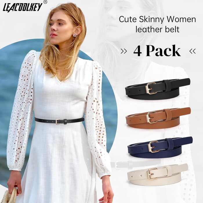LEACOOLKEY Набір з 4 тонких шкіряних жіночих ременів для суконь та джинсів з золотою пряжкою (100 см) - чорний, коричневий, синій, бежевий