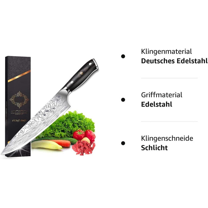 Chef's Knife, Kitchen Knife, Meat Knife Professional 20CM, Extra Sharp Blade, German Stainless Steel, Ergonomic Handle with Gift Box
