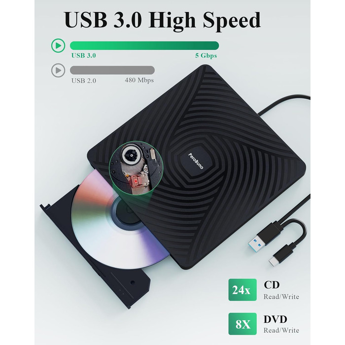 Зовнішній DVD-накопичувач PeroBuno USB 3.0 Type-C, CD ROM +/-RW оптичний привід, ультратонкий DVD-записувач та плеєр для ноутбука, PC, MacBook (Windows, Linux, macOS)