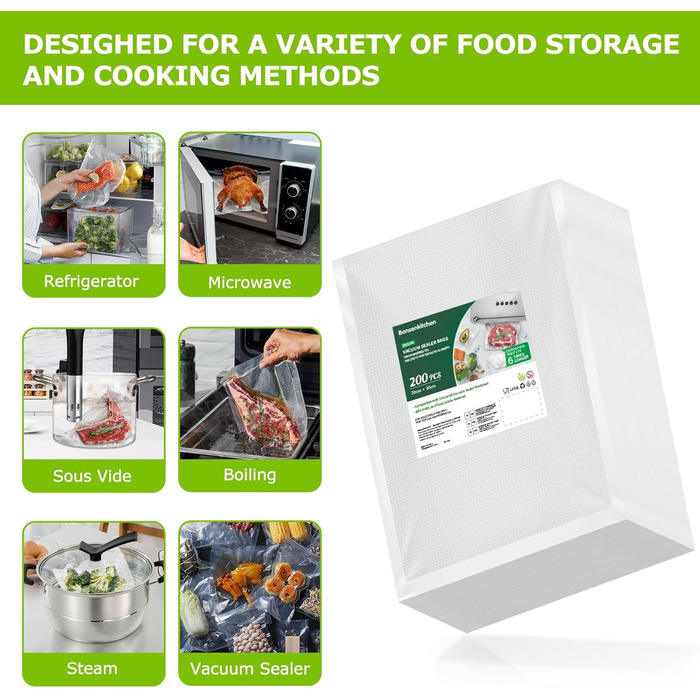 Bonsenkitchen Vacuum Bags 200 Bags 20x30 cm, Professional Foil Bags for all Vacuum Sealers, Vacuum Bags for Food, Sous Vide Freezer Bags, Seal Bags, BPA-free, VB3208