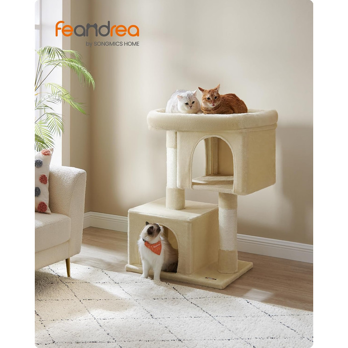 Feandrea Cat Tree, 84 cm Cat Tree, L, Cat House for Large Cats up to 7 kg, Large Platform, 2 Cat Caves, Sisal Posts, PCT61W (XL (68 x 48 x 101 cm), Beige)
