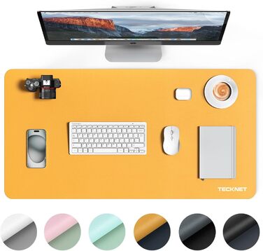 Килимок на стіл TECKNET 80 x 40 см, захист від води, PU шкіра, двосторонній, для офісу/дому (темно-сірий/темно-синій/жовтий)