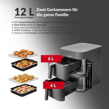 Аерофритюрниця з двома камерами LEHMANN XXL 12L, 2800 Вт, антипригарне покриття, 10 програм, без олії, сіра