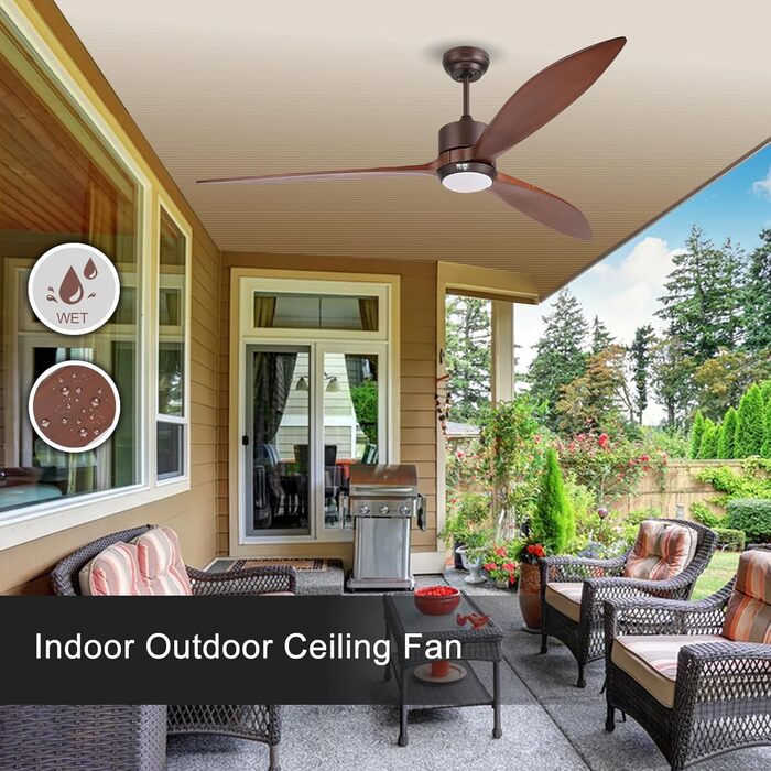 Стеляний вентилятор Reiga з підсвічуванням, 165 см, масивне дерево для зовнішнього використання IP44, диммована LED-лампа та DC-двигун, сумісний з Alexa & Google Home з пультом керування, дерев'яні лопаті, колір: коричневий