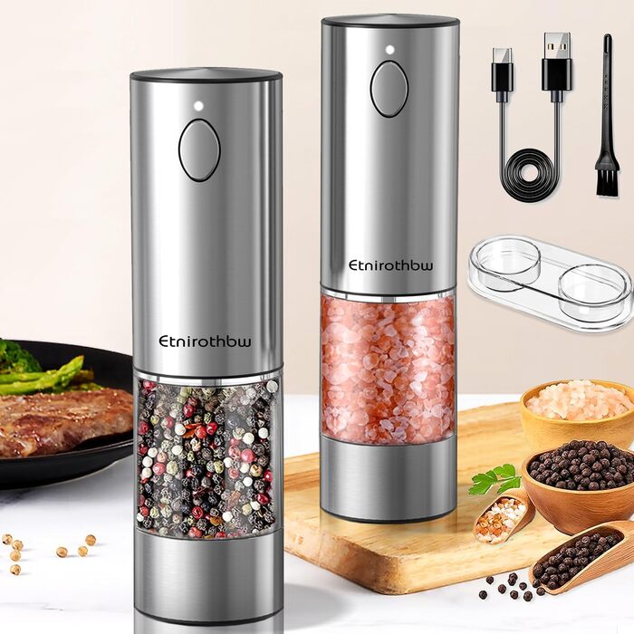 Електричний набір для солі та перцю з нержавіючої сталі, 2 шт., автоматичний, перезаряджається, 5 ступенів помелу, 95 мл, LED-підсвічування, Type-C, база для зберігання