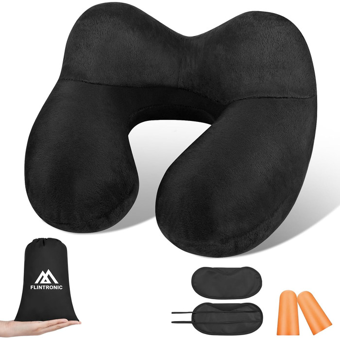 Надувна подушка для шиї Flintronic, ергономічна підголовник з велюровим чохлом, для подорожей та кемпінгу (темно-сірий)