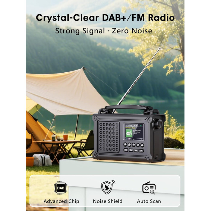 ROCAM Радіоприймач на ручку DAB+/UKW, портативне аварійне радіо з сонячною панеллю 8500 мм² та ручкою 650 мА, цифрове радіо з Bluetooth, 2.4' кольоровий дисплей, 80 станцій, SOS, LED ліхтарик, USB, IPX6 для кемпінгу, чорний