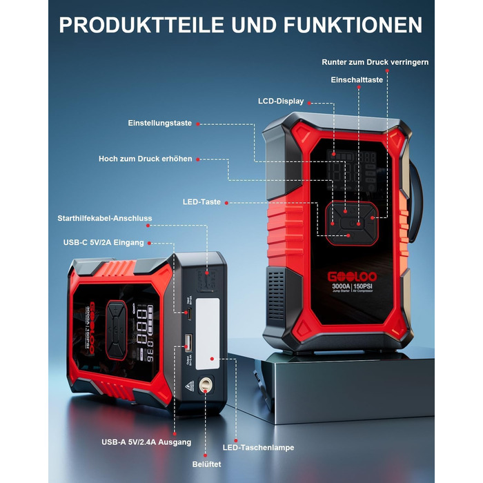 Powerbank з компресором GOOLOO A3 для автомобіля 12V (до 9.0L бензин/6.5L дизель), 3000A, 150PSI, LED дисплей