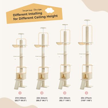 Котячий комплекс PAWZ Road з драбиною до стелі, регульований, 216-273 см, з гамаком та будиночком, страховий ремінь, бежевий