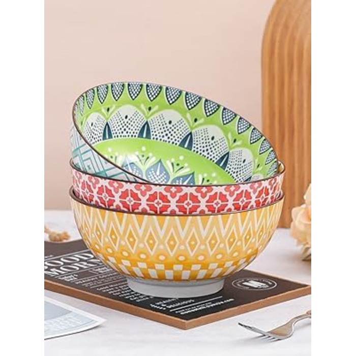 Набір салатників та супових мисок з порцеляни 3 шт. 1.45 л - 20 см, кольорові, для салату, супу, пасти, безпечні для мікрохвильовки та посудомийної машини