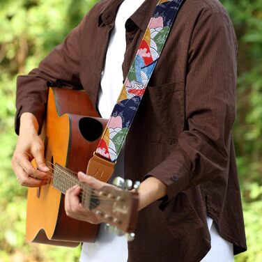 Японський гітарний ремінь Nefelibata з бавовни для акустичної гітари, укулеле, адаптер для голівки грифа в подарунок, медіатори та замок для ременя, регульована довжина 38'-64' (Бурхливі гори)