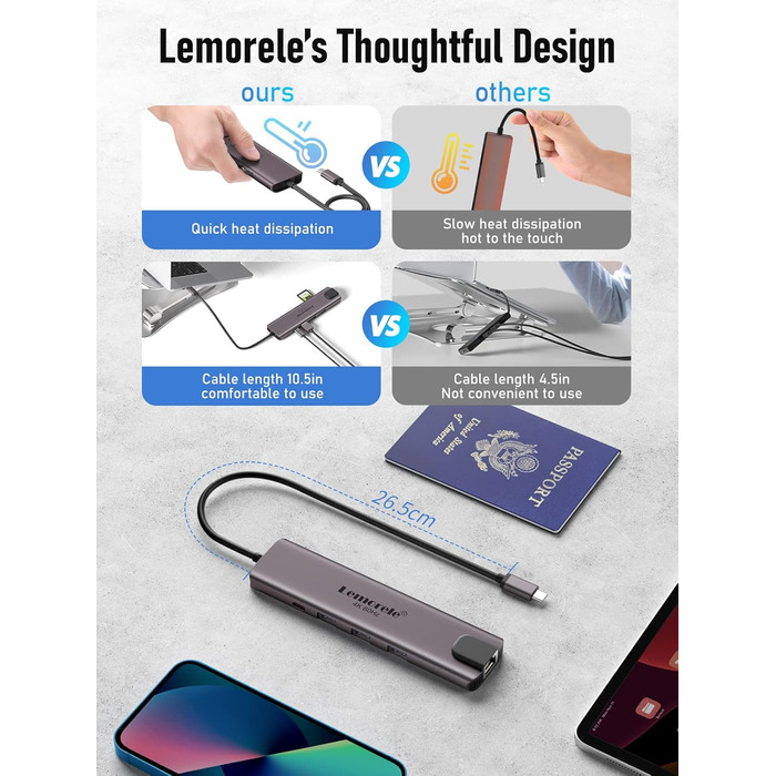 Lemorele USB-C Док-станція: 11-в-1 хаб з 2xHDMI 4K, 3xUSB 3.0/2.0, VGA, PD 100W, SD/TF, Ethernet (сумісна з Windows, MacBook, Dell, HP, Lenovo, Surface)