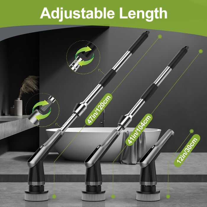 Електрична щітка для прибирання з 7 насадок, IPX7, регульована ручка, для ванної, кухні, підлоги, авто (чорний, сірий)