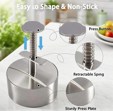 Прес для бургерів з нержавіючої сталі 304, регульований, з папером для бургерів (150 шт.)
