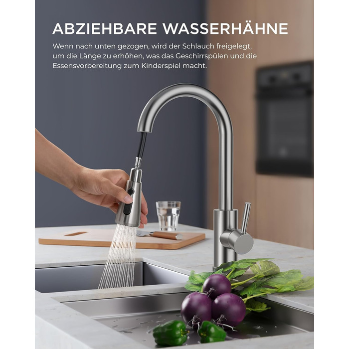 Змішувач для кухні FORIOUS з висувною лійкою, 360° обертання, 2 режими, нержавіюча сталь