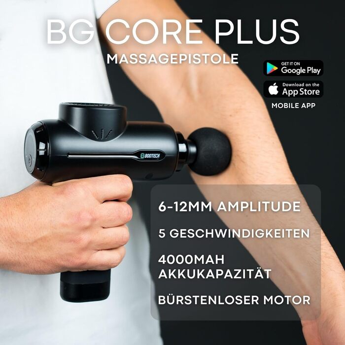 Масажер для м'язів BOOTECH CORE PLUS: тиха масажна пістолета з 6 насадок, керуванням через додаток та амплітудою 6-12 мм