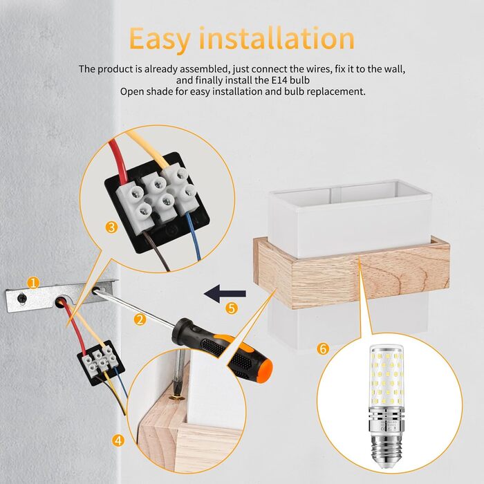 Настінний світильник Gleonlux Wandleuchte Holz, Внутрішнє освітлення в стилі ретро, Boho, Industrial, для дому, сходи, вітальня, спальня, коридор, матеріал: дерево, тканина, цоколь E14, розмір 22.5x13x20 см