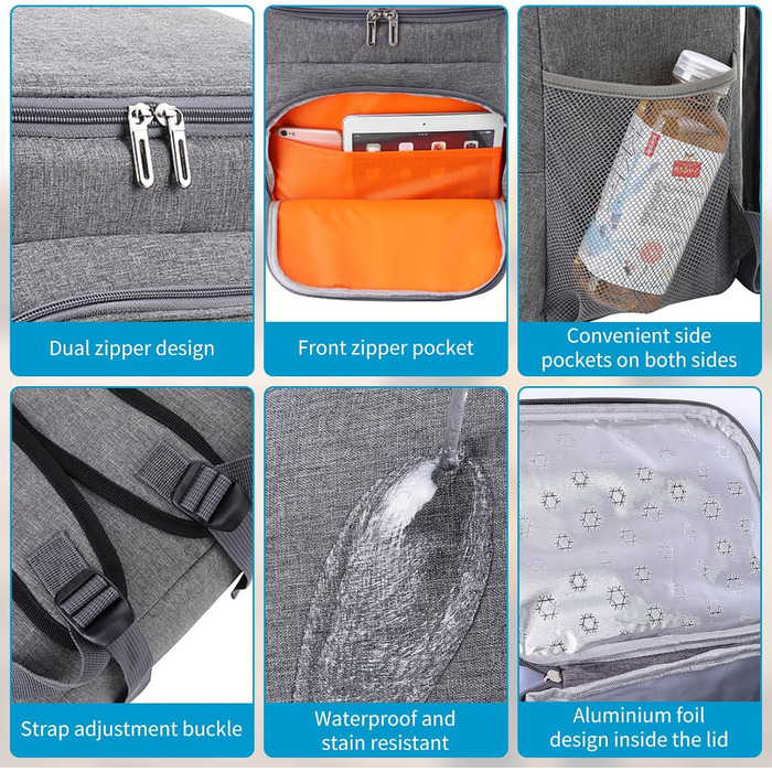 Рюкзак-холодильник HEQUN 23L: Ізольований рюкзак для пікніків, пляжу, подорожей та роботи. Сірий колір.