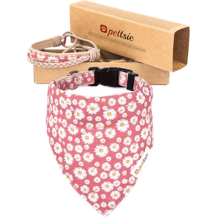 Pettsie Dog Collar with Bandana Cloth and Friendship Bracelet, Adjustable Sizes S, M, and L, Strong and Durable, Great Gift for Dog Lovers in Attractive Packaging, M, Pink