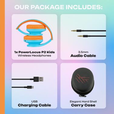Дитячі навушники PowerLocus Bluetooth з обмеженням гучності 85dB, складні, з чохлом, Over-Ear, бездротові та провідні з мікрофоном, Micro-SD для телефону, ПК, планшета, помаранчеві