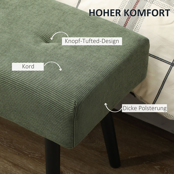 HOMCOM Upholstered Bench with Corduroy Cover, Tufted Bed Bench with Metal Legs, Shoe Bench Entryway Furniture for Bedroom, Living Room, Hallway 100 x 36 x 45 cm Green | Aosom