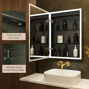 LED дзеркальна шафка для ванної кімнати KWW з підсвічуванням, регульованою температурою світла, протитуманним покриттям та USB роз'ємами (2 дверцята, 80x70 см)