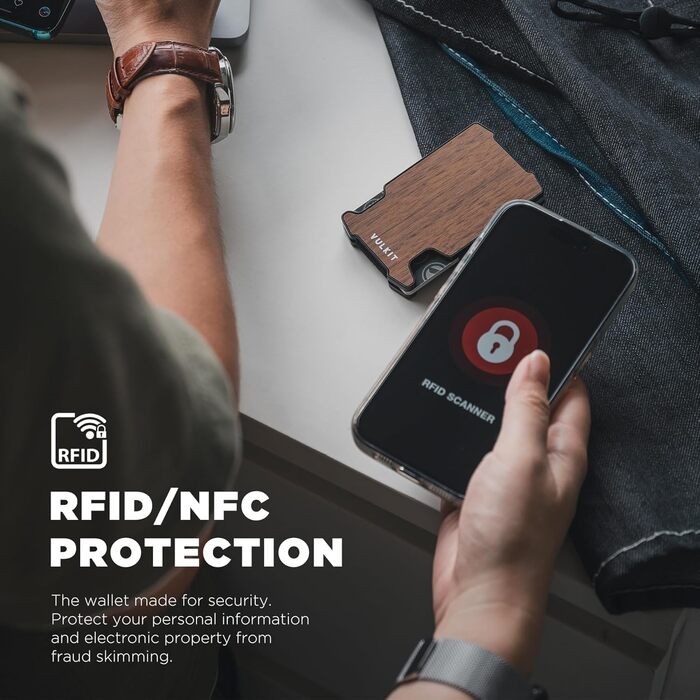 VULKIT: Шкіряне картхолдер з відділенням для грошей, RFID-захистом та Airtag, для чоловіків, Lite-walnut