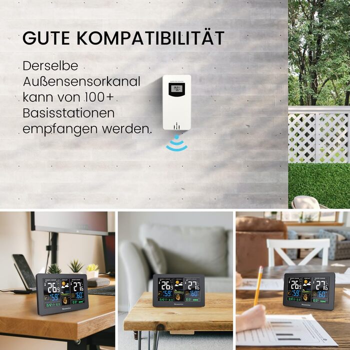 Newentor Weather Station Radio with Outdoor Sensor - Radio Weather Station with Weather Forecast, Temperature Warning, DCF Radio Clock - Battery and Mains Powered, Black