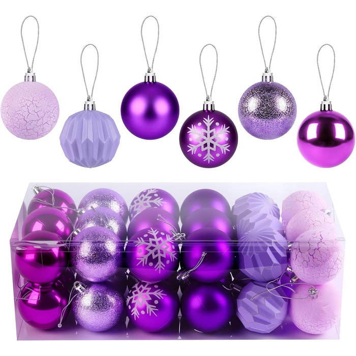 40 Штучних Різдвяних Кулі Прозорі з Кришкою, 6 см, Різдвяні Кулі з 5 Різними Дизайнами, Пластикові Кулі для Ялинки, Вікна, Внутрішнього та Зовнішнього Декору (Фіолетовий)
