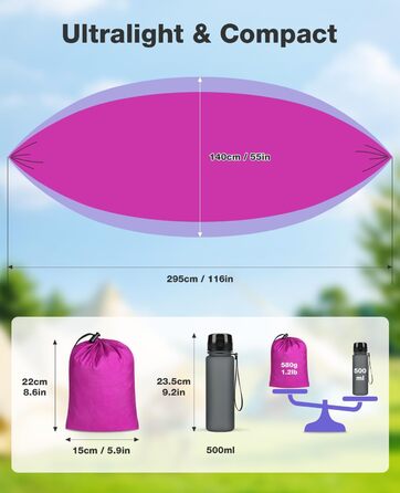 Гамак дорожній подвійний 295x140 см, рожево-ліловий, вантажопідйомність 350 кг - з карабінами та ременями для кріплення