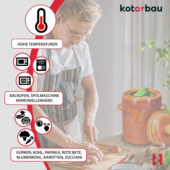 KOTARBAU® Garden Pot 5 L Brown Stoneware Pot with Airtight Lid Gherkin Pot Sauerkraut Pot Preserving Pot Ceramic Cask with Water Groove Stoneware Vessel