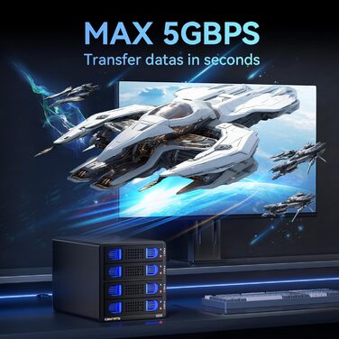 Корпус для жорстких дисків на 4 відсіки з вентилятором для 2.5/3.5' SATA HDD/SSD з USB A/C 3.0 та eSATA кабелем, підтримка Hot-Swapping, 80TB, DAS (без RAID/NAS)